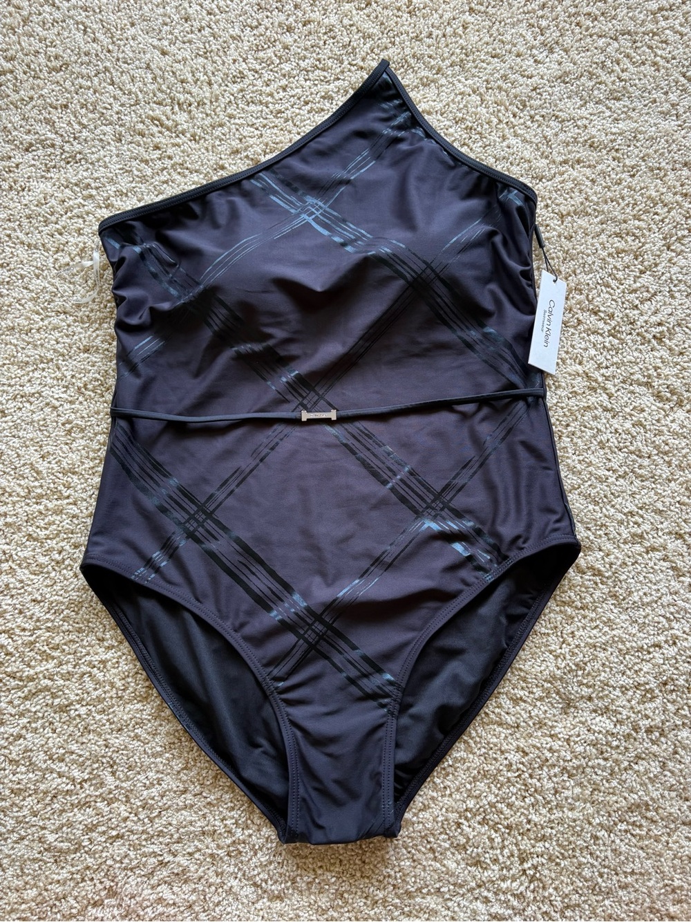 Calvin Klein Womens Belted One-Shoulder One-Piece Swimsuit Black Size 18